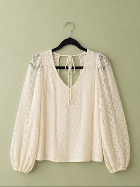 Daytrip Ivory Lace Boho Blouse Sz Small, Sheer Balloon Sleeves, Cottagecore